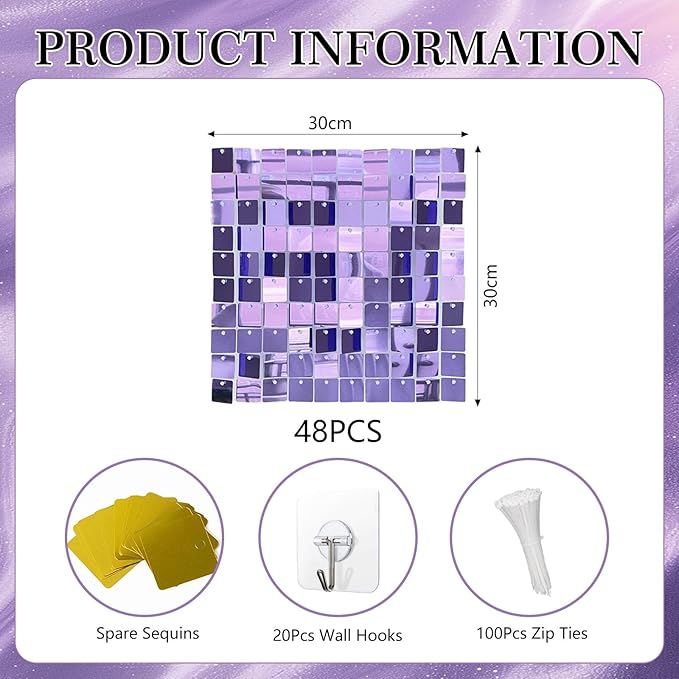 48 PCS Light Purple Shimmer Wall Backdrop, Square Sequin Photo Backdrops Panel, Glitter Wall Background for Birthdays, Weddings, Halloween, Engagements, Disco Bachelorette Party Decoration (6FTx8FT)