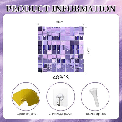48 PCS Light Purple Shimmer Wall Backdrop, Square Sequin Photo Backdrops Panel, Glitter Wall Background for Birthdays, Weddings, Halloween, Engagements, Disco Bachelorette Party Decoration (6FTx8FT)
