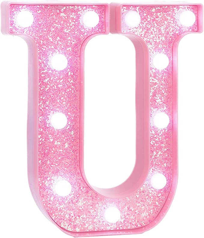 Pink LED Marquee Light Up Letters, Glitter Alphabet Letter Lights for Birthday Party Decorations, Battery Operated Letter Signs for Girls Room Table Decor, Pink letter U with Cool White Lights