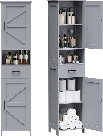 Homhedy 67" H Tall Bathroom Storage Cabinet with 2 Barn Doors and 1 Drawer, Narrow Storage Unit, Adjustable Shelves, Floor Cabinet for Bathroom, Living Room, Entryway, Kitchen, Gray, (15.7" W)