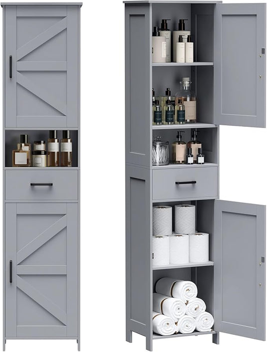 Homhedy 67" H Tall Bathroom Storage Cabinet with 2 Barn Doors and 1 Drawer, Narrow Storage Unit, Adjustable Shelves, Floor Cabinet for Bathroom, Living Room, Entryway, Kitchen, Gray, (15.7" W)