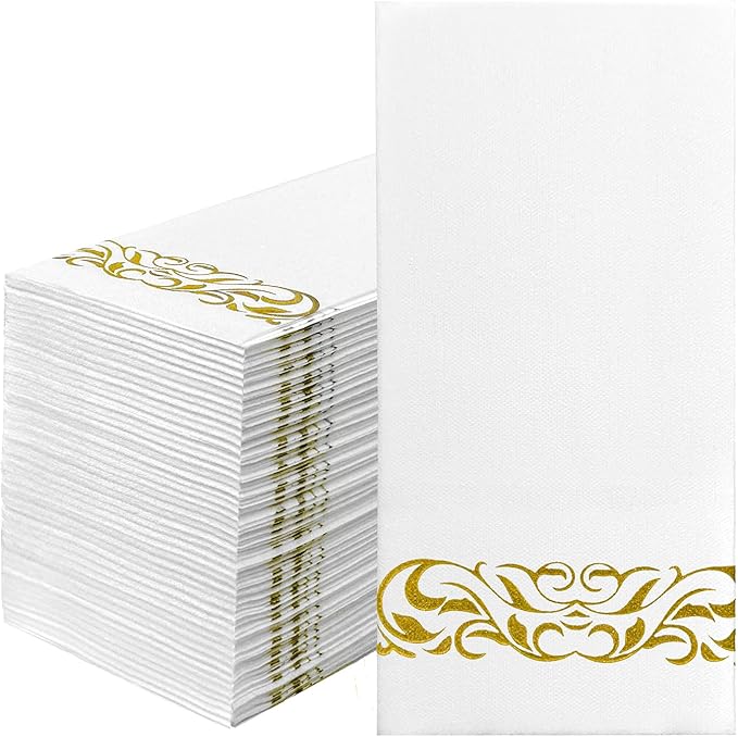 50 Pack Napkins Disposable Guest Towels Linen-Feel Decorative Napkins Soft and Absorbent Dinner Paper Hand Towels for Bathroom Party Powder Room Hotel Fancy Restaurant (50, Gold Floral)