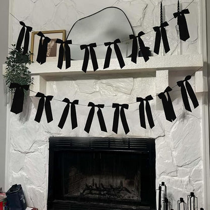 2 Pack Black Bow Garland Banner - 16 Prestrung Satin Black Bows Garland for Bridal Shower Decorations,Bachelorette Party, Birthday Party, Wedding Wall & Holiday Decor Coquette Decor