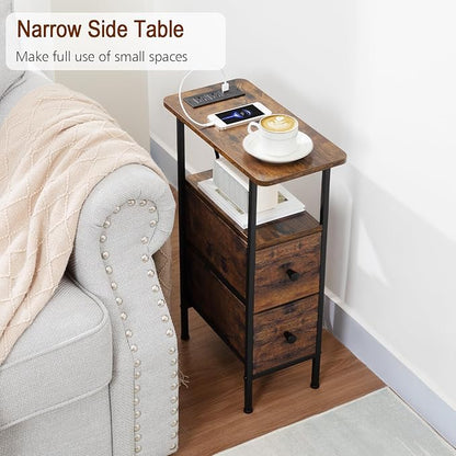 Narrow Nightstand with Charging Station, End Tables Living Room Set of 2, Skinny Side Table with Fabric Drawers, Slim Sofa Table for Bedroom, Small Spaces, Couch, Rustic Brown, HETNDP02PBR