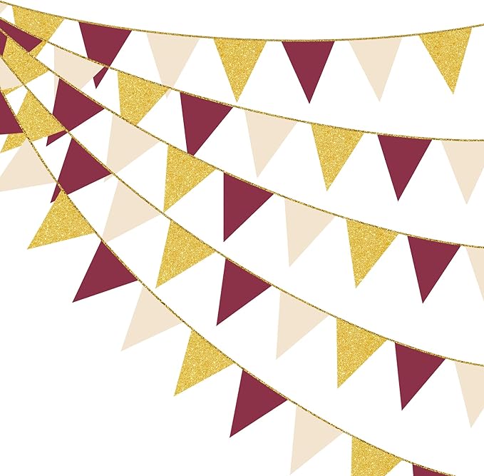 Burgundy Beige Gold Party Pennant Banner Flag Maroon Gold Hanging Glitter Paper Triangle Bunting for Graduation Birthday Bridal Shower Wedding Bachelorette Anniversary Baby Shower Party Decorations