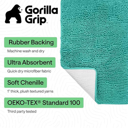 GORILLA GRIP Bath Rug Mat 36x24, Soft Absorbent Chenille, Quick Dry Microfiber Mats, Rubber Backing Washable Shower Floor Rugs, Bathmat Runner, US Designed Bathroom Home Decor Accessories Turquoise