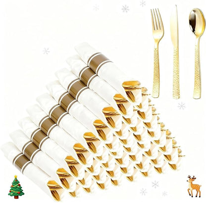 WELLIFE 300PCS Gold Plastic Cutlery,Pre Rolled Silverware Set Disposable,Hammer Pattern Design,Plastic Cutlery Includes: 75 Forks, 75 Knives, 75 Spoons, 75 Napkins, Christmas Silverware