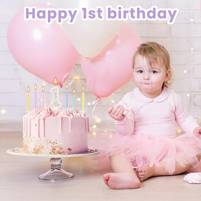MTLEE Number 1 Birthday Candle with 12 Pcs Spiral Candles for Girls Macaron Pastel Rainbow Unicorn Pink Cake Topper for Sweet Theme Party Decoration