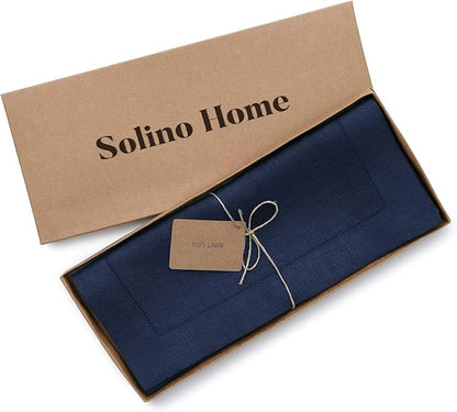 Solino Home Linen Navy Blue Table Runner 48 Inches - Classic Hemstitch, 100% Pure Linen Coffee Table Runner 14 x 48 Inch Ideal for Dresser Tables - Fall, Thanksgiving, Christmas, Holiday