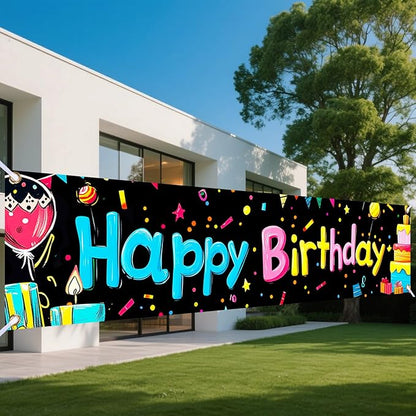 Nuxovilar Happy Birthday Banner Decorations 17.72x78.74 Inch Colorful Gifts Theme - Polyester for Indoor Outdoor Birthday Party Decor