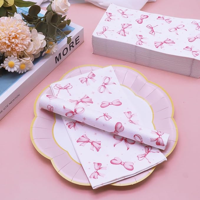 100 Pcs Pink Bow Napkins - Decorative Disposable Bow Paper Napkins for Wedding Bridal Shower Bachelorette Birthday Girl Party Supplies