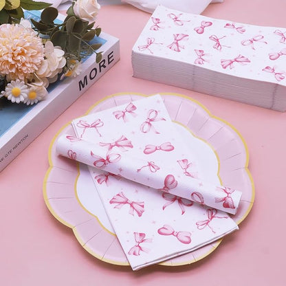 100 Pcs Pink Bow Napkins - Decorative Disposable Bow Paper Napkins for Wedding Bridal Shower Bachelorette Birthday Girl Party Supplies