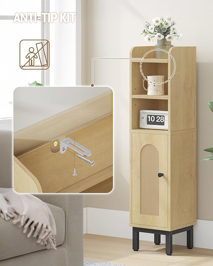 Bathroom Storage Cabinet, Small Corner Floor Cabinet with Door and Shelves, Narrow Toilet Paper Holder, Bathroom Organizer with Adjustable Shelf, for Small Spaces, Rattan Yellow BC08202Y