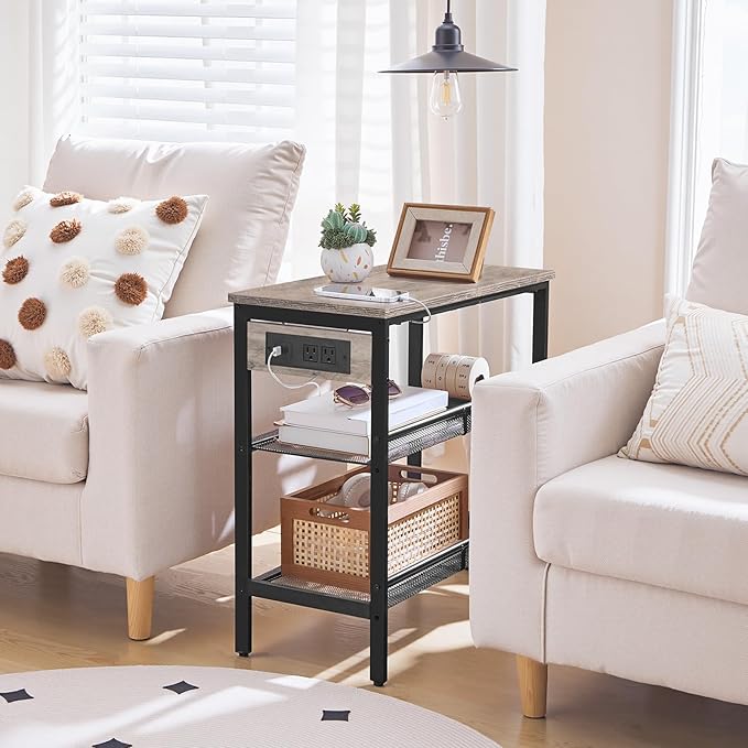 HOOBRO End Table, 3-Tier Narrow Side Table with Charging Station, Nightstand with 2 Flat or Slant Adjustable Shelves for Small Spaces, Living Room, Bedroom, Greige and Black BG23UBZ01G1