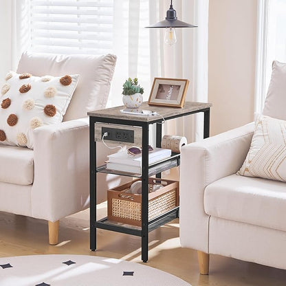 HOOBRO End Table, 3-Tier Narrow Side Table with Charging Station, Nightstand with 2 Flat or Slant Adjustable Shelves for Small Spaces, Living Room, Bedroom, Greige and Black BG23UBZ01G1