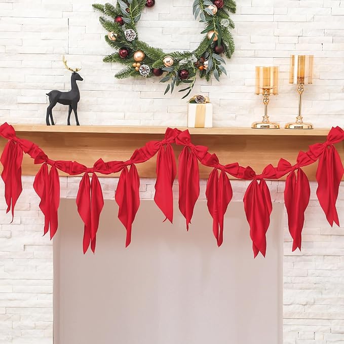 VitalCozy 1 Pcs Burgundy Bow Garland Banner, Satin Ribbon Hanging Party Bow Garland Decoration for Birthday Baby Shower Wedding Party Supplies
