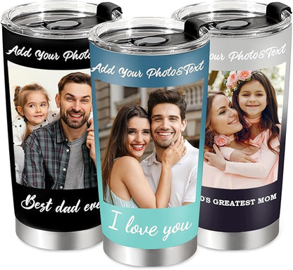 Personalized Tumbler with Pictures Text, Custom Photo Stainless Steel Coffee Tumbler, Coffee Travel Cup Mug 20 Oz Custom Gifts for Fathers Day Christmas Birthday for Dad Mom Kids