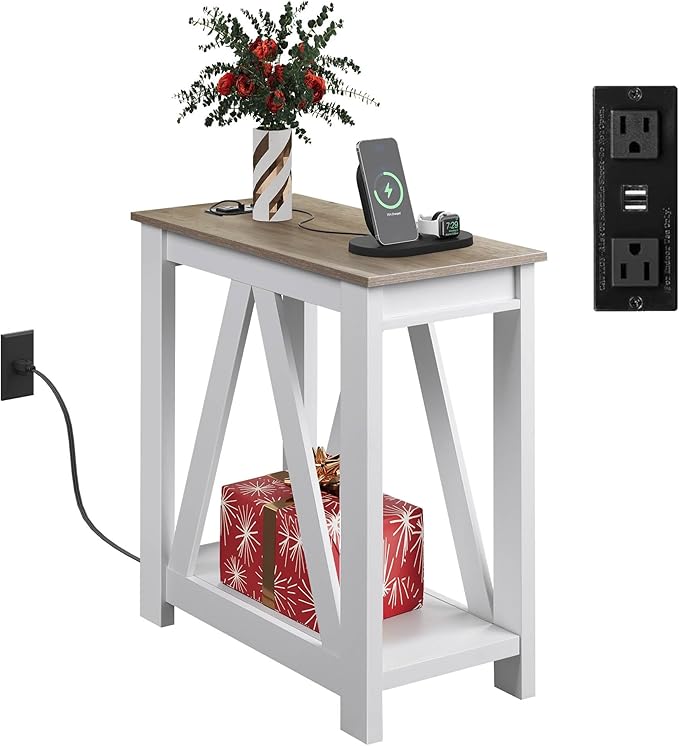WLIVE Farmhouse End Table, Narrow Side Table with Charging Station, Slim End Table, Side Table for Bedroom, Living Room, Small Spaces, 2 USB and 2 Power Outlets, 11.8" D x 23.6" W x 23.74" H