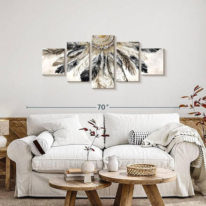 ElephantStock - Necklace Of Feathers Iii Wall Art - Horizontal Multi Panel Canvas - 5 Piece Living Room Wall Decor - Painting Multi Piece Wall Art - Brown And Gray Decor by Eva Watts - 55" x 24"