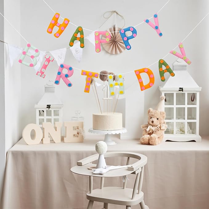 Felt Happy Birthday Garland Rainbow Banner Reusable Happy Birthday Sign Party Supply for Party Decor(Colorful Color,Spot)