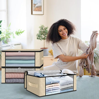 HomeHacks Storage 3-Pack Clothes Organizer Storage Bags Foldable Storage Box with Large Clear Window Sturdy Handles for Closet, Dorm, Pillows, Bedding, Clothes, Blankets, 35L, Beige