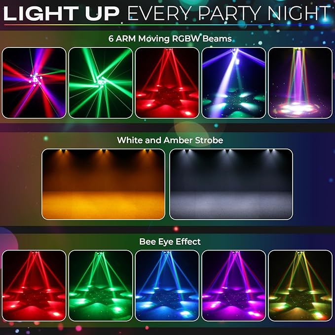 6-Arm 150W RGBW Bee-Eye Spider DJ Moving Head Light – LED Stage Lighting with DMX512, Sound Activated Beam Wash, Strobe & Starry Effects for Clubs, Parties, Weddings, Events