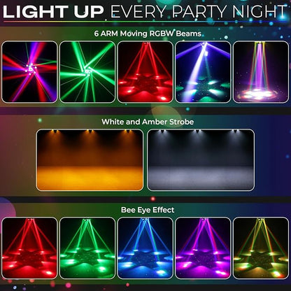 6-Arm 150W RGBW Bee-Eye Spider DJ Moving Head Light – LED Stage Lighting with DMX512, Sound Activated Beam Wash, Strobe & Starry Effects for Clubs, Parties, Weddings, Events