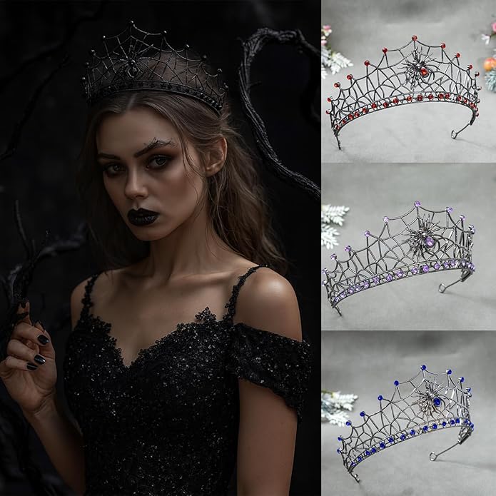 Gothic Black Spider Web Crown for Women Dark Queen Crystal Tiara Metal Headpiece Vampire Cosplay Masquerade Party Prom Night Witch Sorceress Costume Accessory