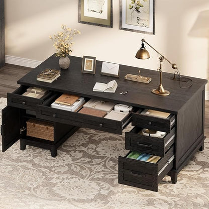 60 Inch Farmhouse Executive Desk with File Drawers for Home Office, Large Computer Desk with Storage Cabinet & Charging Station, Wooden Writing Table with Power Outlets & USB Ports for Work Study