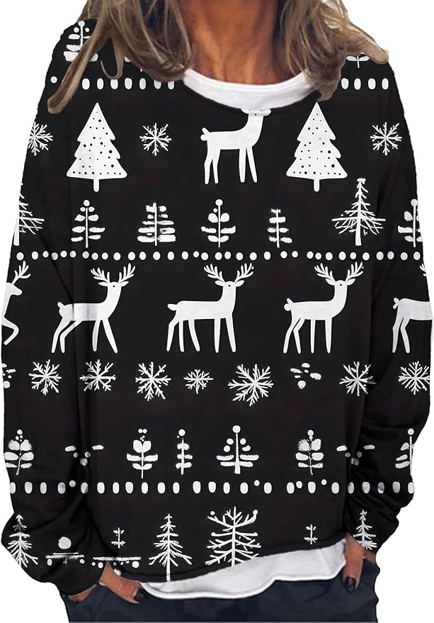 LOAIHA Christmas Shirts for Women Crewneck Snowman Snowflake Santa Graphic Shirts Christmas Tree Long Sleeve Xmas Hoodie
