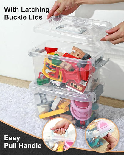 Plastic Storage Bins 7 Quart-Storage Organizer Bins with Grey Buckle Lids, Stackable Storage Bins with Lids for Home Office Kids Room Closet School Art Supplies Organization,6 Packs, Clear