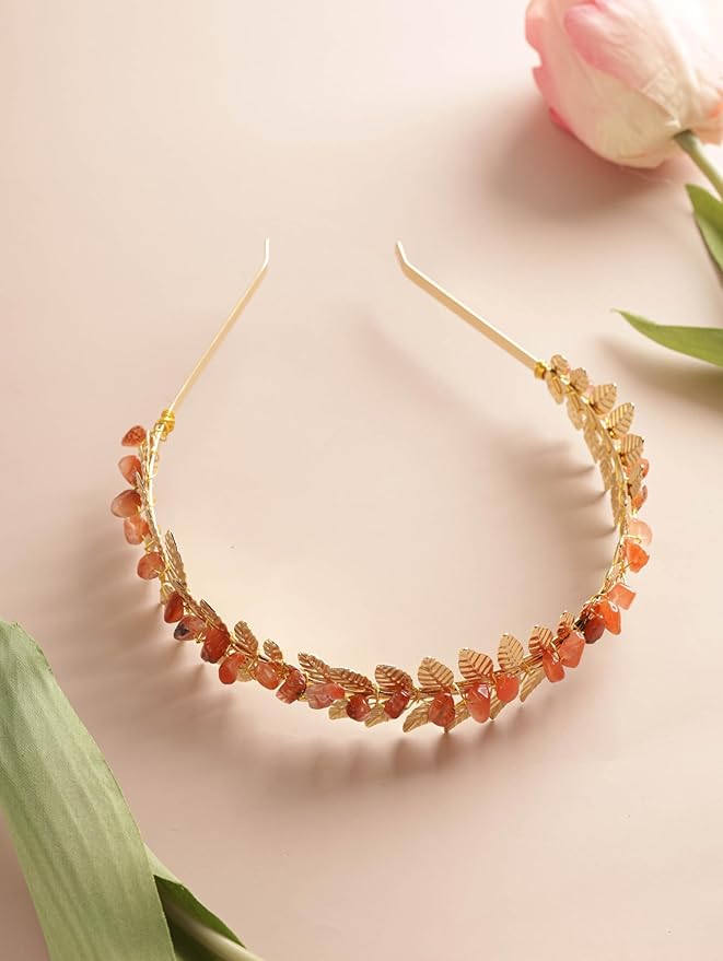 MINACHI Carnelian Leaf Crown Headband, Gold-Tone Wire Wrap Boho Hair Accessory, Jewelry for Women Mother's Day