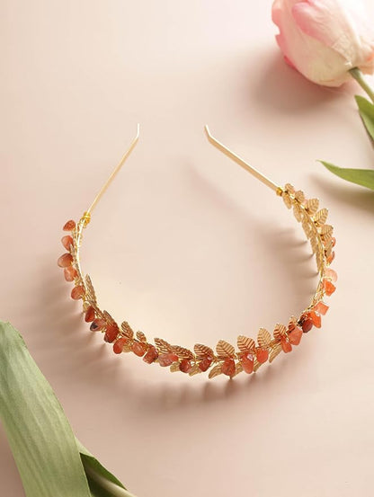 MINACHI Carnelian Leaf Crown Headband, Gold-Tone Wire Wrap Boho Hair Accessory, Jewelry for Women Mother's Day
