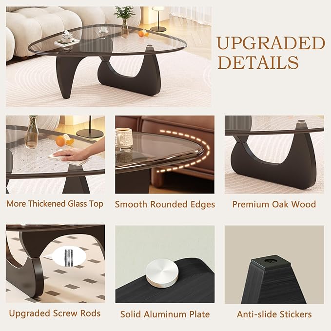 Coffee Table for Living Room Mid Century Modern Center Small Table with Glass Top and Wood, Black Transparent(45 Inch)
