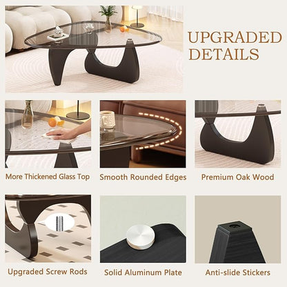 Coffee Table for Living Room Mid Century Modern Center Small Table with Glass Top and Wood, Black Transparent(45 Inch)