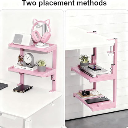 2-Tier Desk Shelf, Expandable Under Desk Storage, Clamp on Desk Shelf, Desktop Accessories for Offices, Study Rooms, and Game Rooms (Pink)