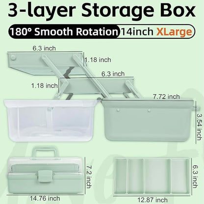 14in 3-Layer Multipurpose Craft Organizers and Storage with Adjustable Dividers, Portable Tackle Box, Folding Art & Craft Case for Medicine, Tool, Sewing Organizer (Haze Green, X-Large)