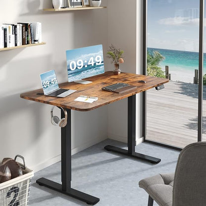 Furmax Electric Height Adjustable Standing Desk Large 48 x 24 Inches Sit Stand up Desk Home Office Computer Desk Memory Preset with T-Shaped Metal Bracke, Brown