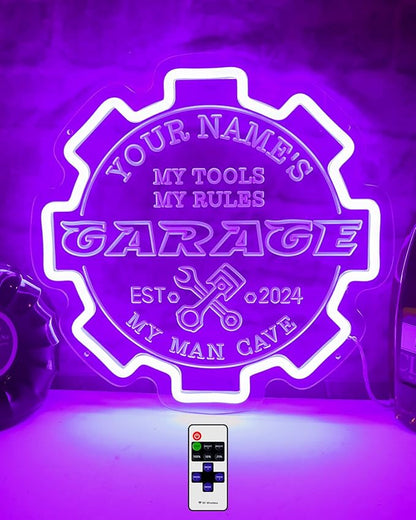 Custom Garage Neon sign for Wall Decor with Timing Remote, Personalized Gear Garage LED Neon Light for Man Cave, Home Bar, Workshop, Son Dad Birthday Gift PURPLE