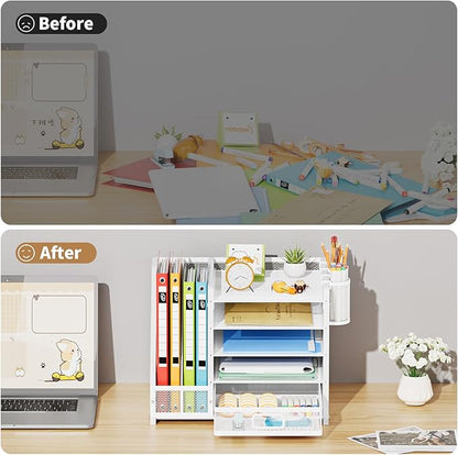 Marbrasse Desk Organizer with File Holder, 5-Tier Paper Letter Tray Organizer with Drawer and 2 Pen Holder, Mesh Desktop Organizer and Storage with Magazine Holder for Office Supplies (Wood-White)