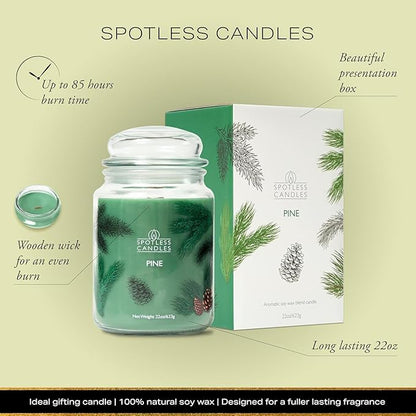 Pine Candle - Large 22oz Glass Jar with Wooden Wick 130 Hours Burn Time - Decorated Jar Within a Presentation Gift Box and Protective Shipping Box