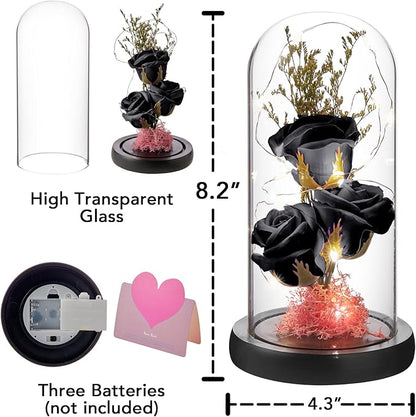 Preserved Flower Gift, Light Up Rose in Glass Dome, Eternal Forever Rose Flower Gifts for Her, Grandma, Mother’s Day, Valentine’s Day, Anniversary, Birthday, Christmas Decorations, Black