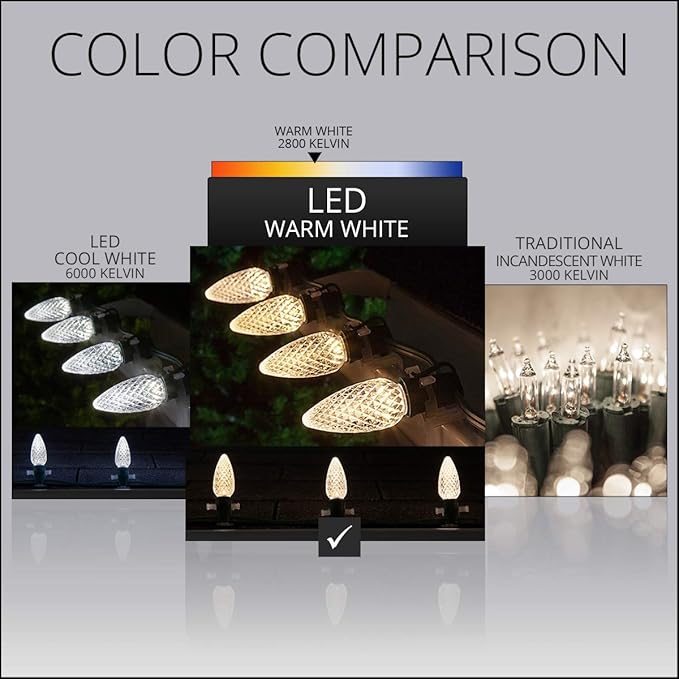 Wintergreen Lighting 100 C9 OptiCore LED Commercial Outdoor Christmas Lights – Heavy Duty Christmas String Lights; Green Wire (100 ft, Warm White)
