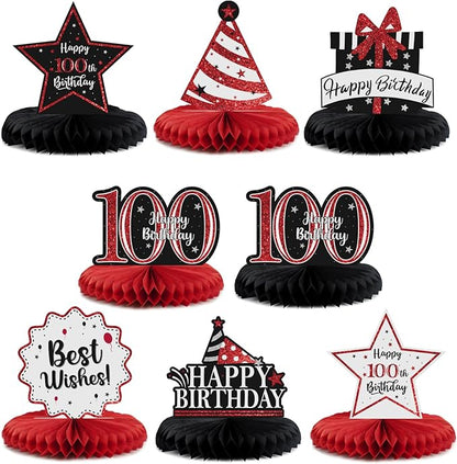 Happy 100th Birthday Decorations,100th Bday Red Glitter Shiny Stand Honeycomb Table Centerpieces - Cheers to 100 Years Old Birthday Party Photoprop Gift Sign.