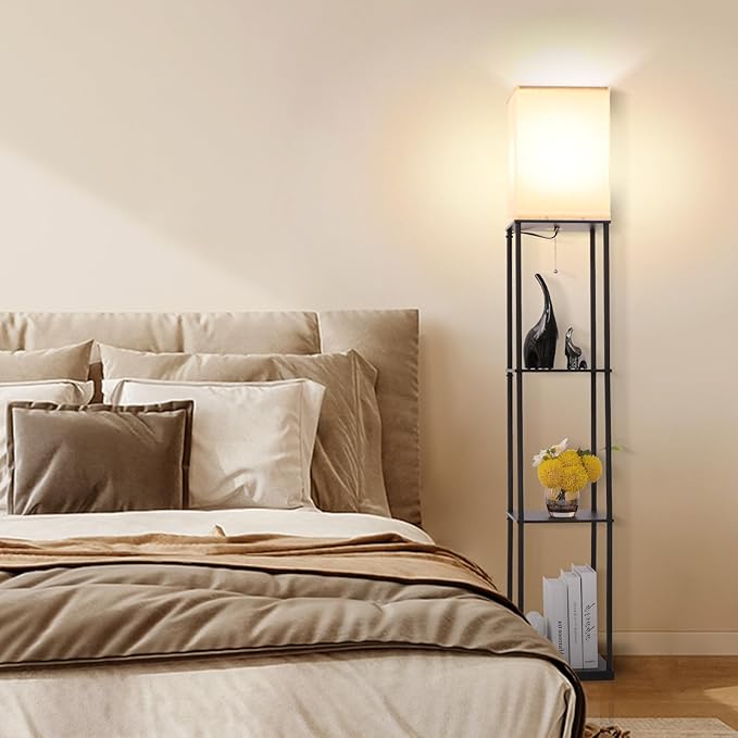 Floor Lamp with Shelves, Modern Square Standing Lamp with 3 Color Temperature Bulb, Corner Display Bookshelf Lamp for Living Room, Bedroom and Office (Black)