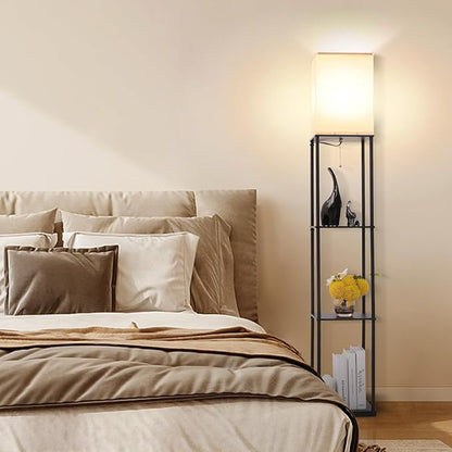 Floor Lamp with Shelves, Modern Square Standing Lamp with 3 Color Temperature Bulb, Corner Display Bookshelf Lamp for Living Room, Bedroom and Office (Black-2 Pack)