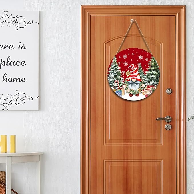 Christmas Gnome Welcome Sign - Merry Christmas Door Hanger, 12'x12' Wooden Hanging Sign for Front Door, Porch Decor, Winter Wreath