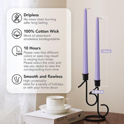 New Burning Formula Unscented Dripless 12-Inch Taper Candles Set of 12 - Lavender, for Wedding, Dinner - Smokeless, Long Burning - Hand Poured, Colored Tall Candlesticks - Lavanda