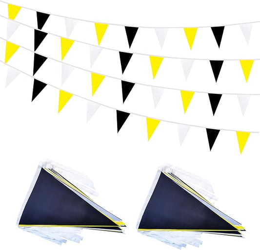 100 Feet 60 Pcs Yellow White and Black Pennant Banner Flag String Hanging Triangle DIY Flag, Bunting Streamers Decoration for Grand Opening, Birthday, Wedding Celebration(Yellow White & Black)
