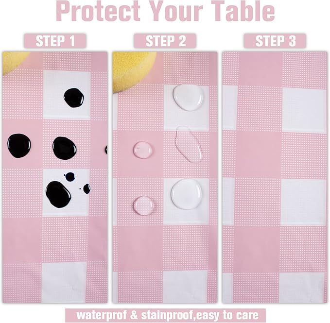 Kesfey 3 Packs Pink Gingham Tablecloth Pink and White Checkered Tablecloths 54 x 108 Inches Disposable Plastic Gingham Tablecovers Waterproof Rectangle Picnic Table Covers for Birthday Party Supplies
